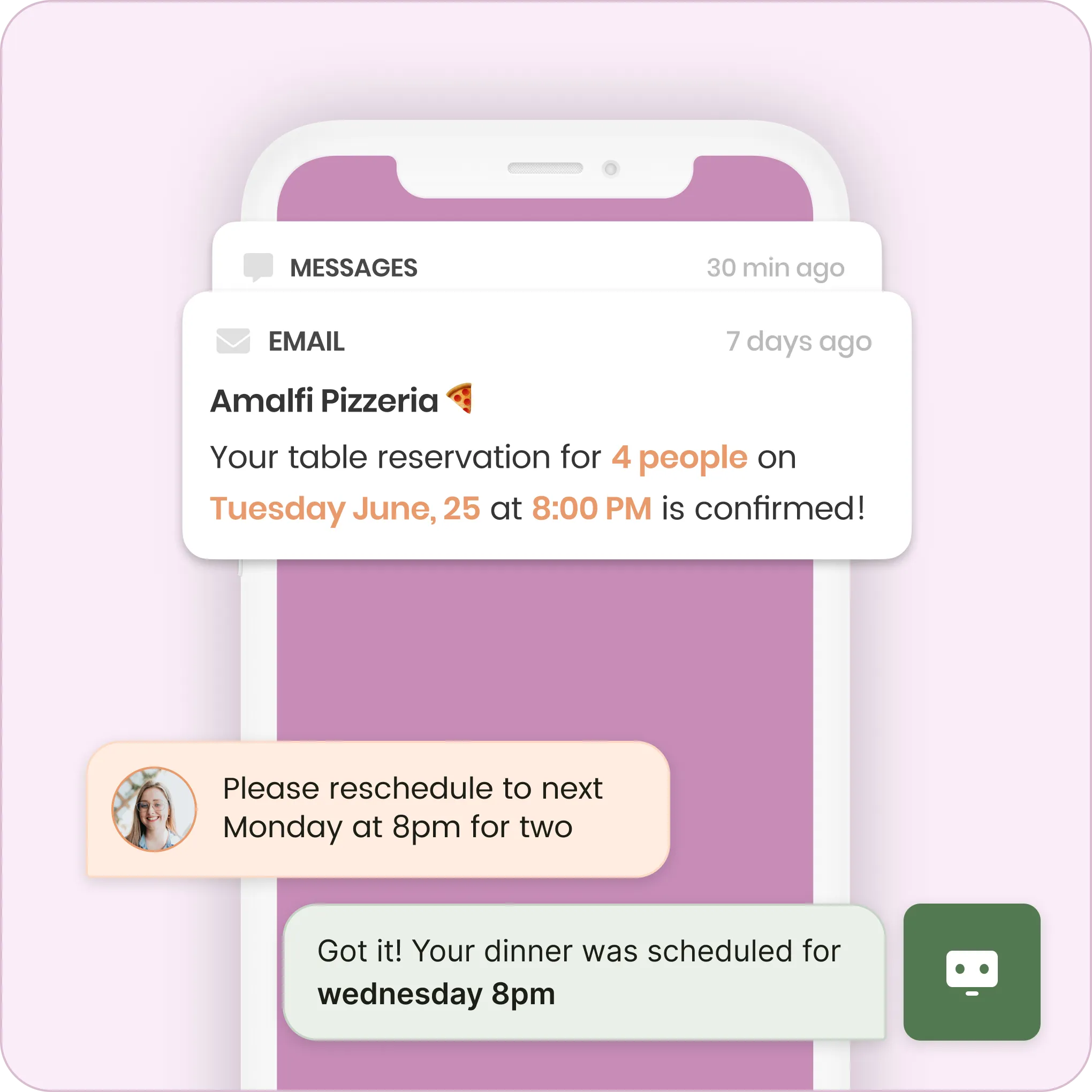 A reservation confirmation delivered by SMS, email and voice through Callr